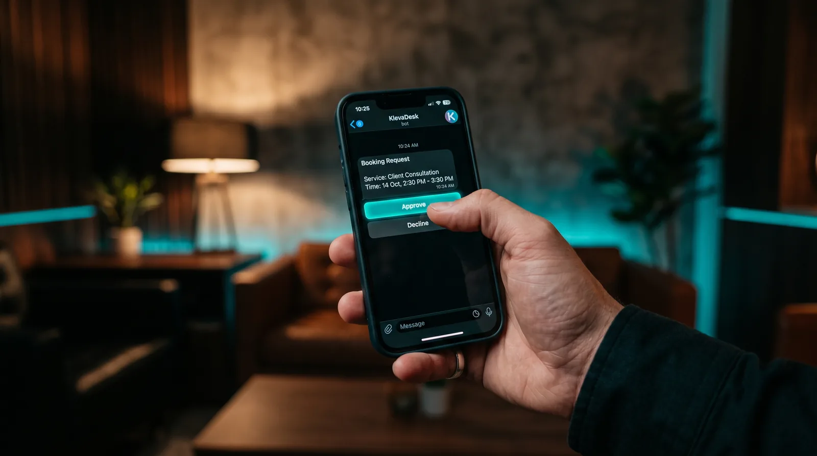 A hand approving a booking request in a Telegram message from the KlevaDesk bot