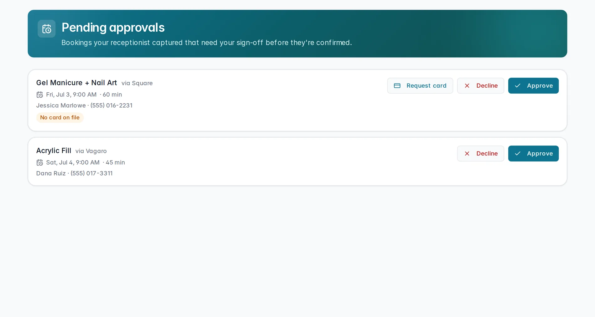 Pending approvals — a Square booking showing Request card / Decline / Approve, and a Vagaro booking awaiting sign-off.