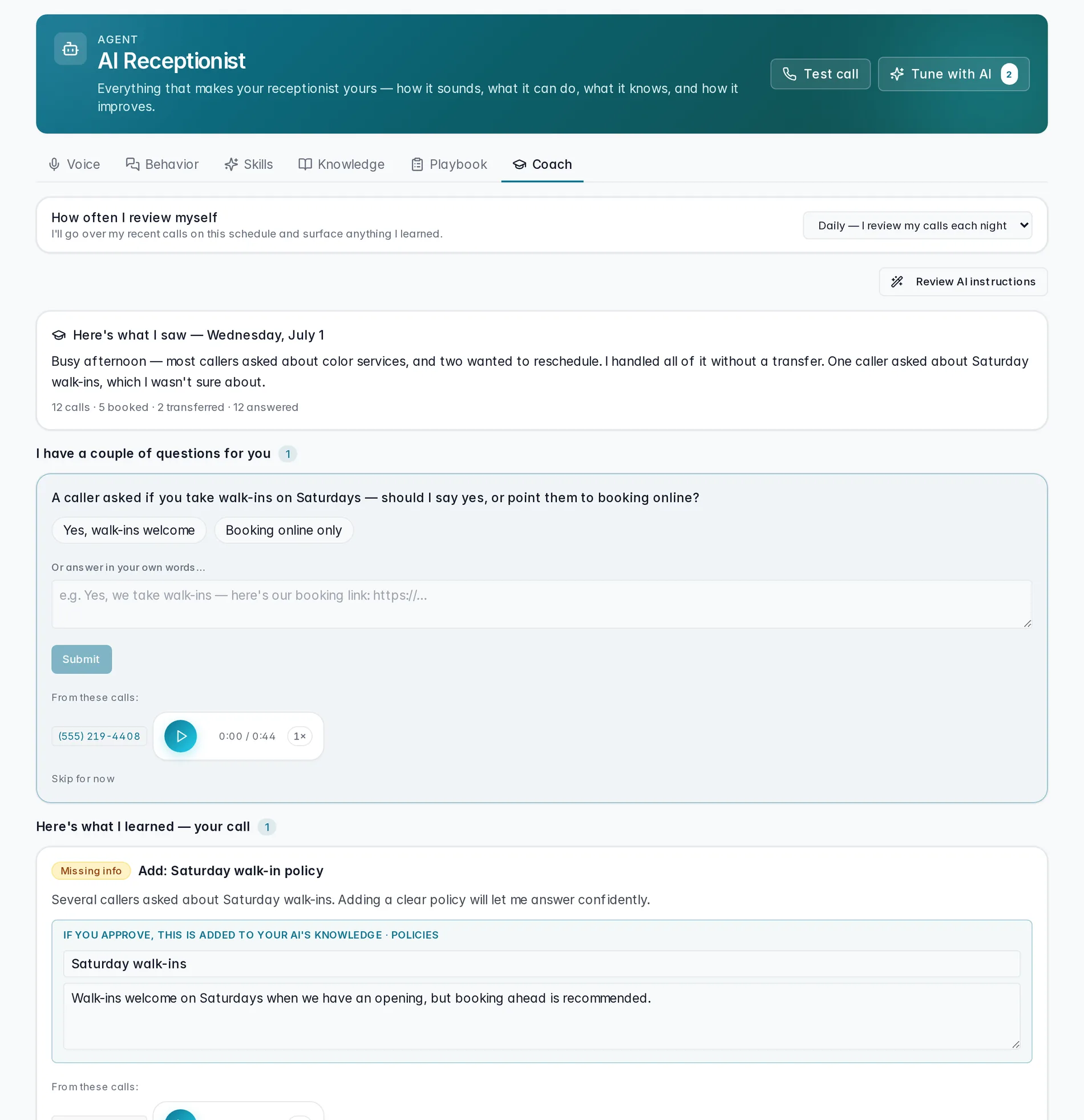 The Coach tab — the nightly briefing with call stats, a pending question for the owner, and a suggested knowledge fact.