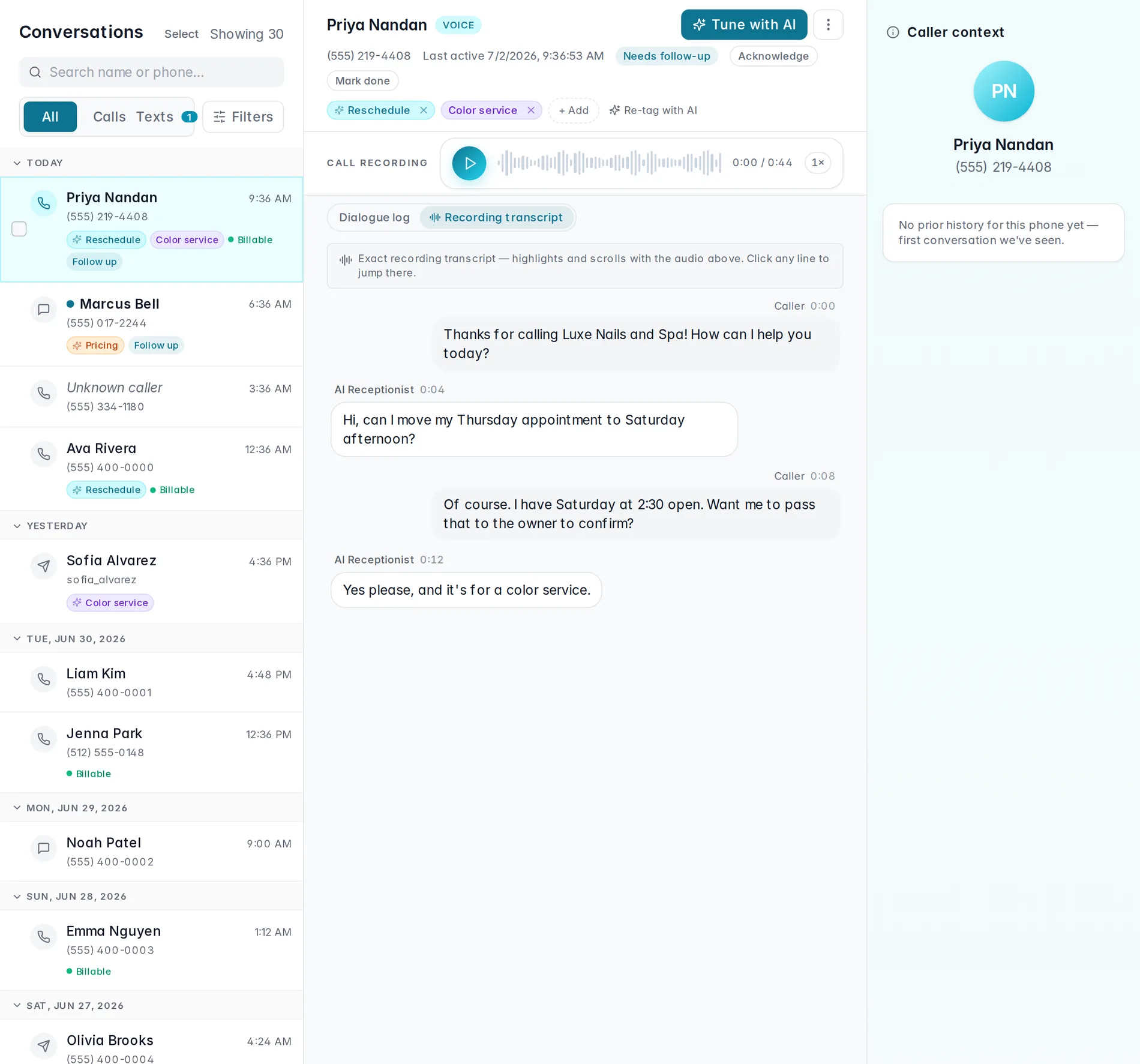 The Conversations inbox with a voice call open — the call recording player, tags, and the turn-by-turn transcript.