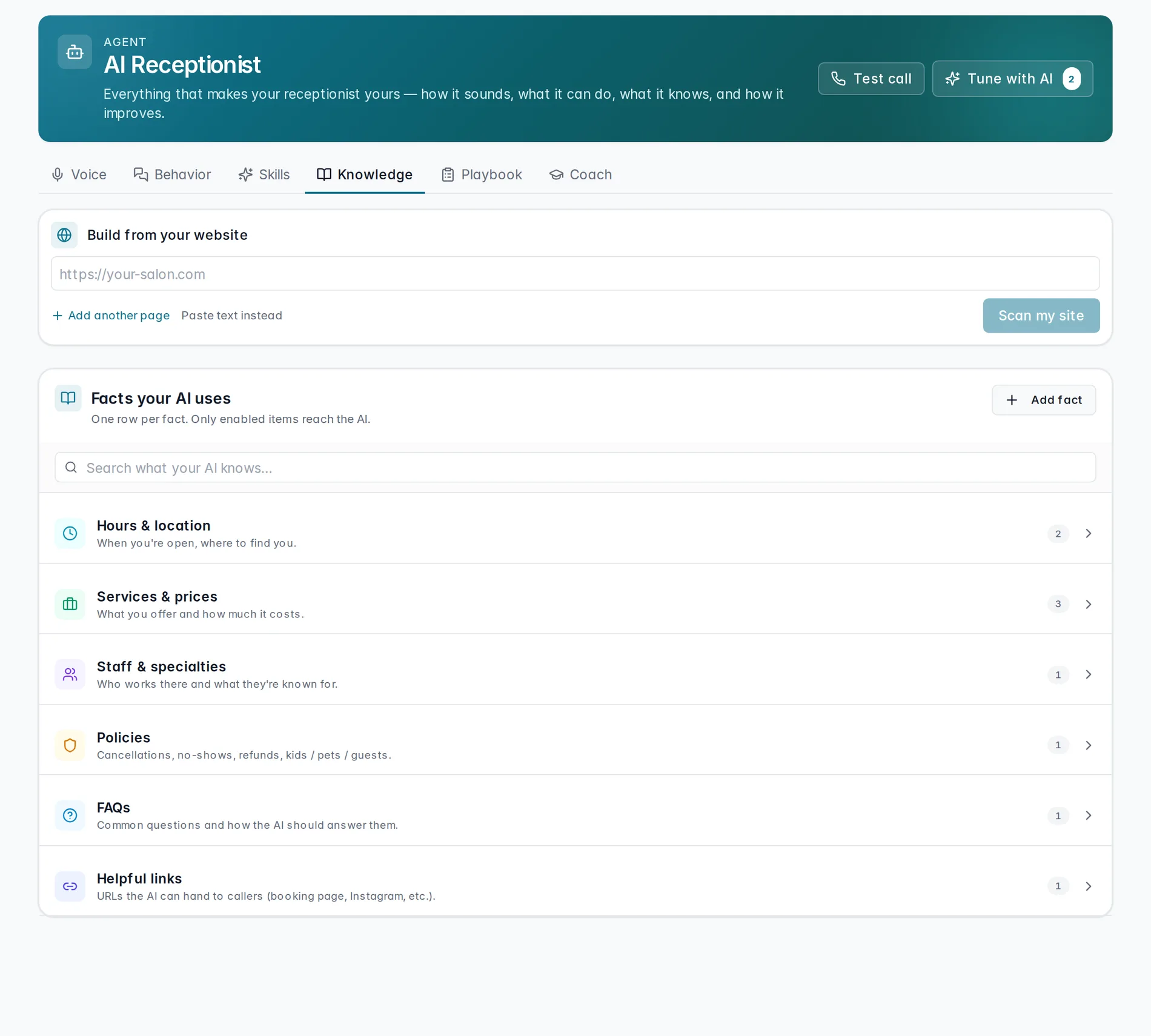 The Knowledge tab — the build-from-your-website card and the list of facts the AI uses, grouped by category.