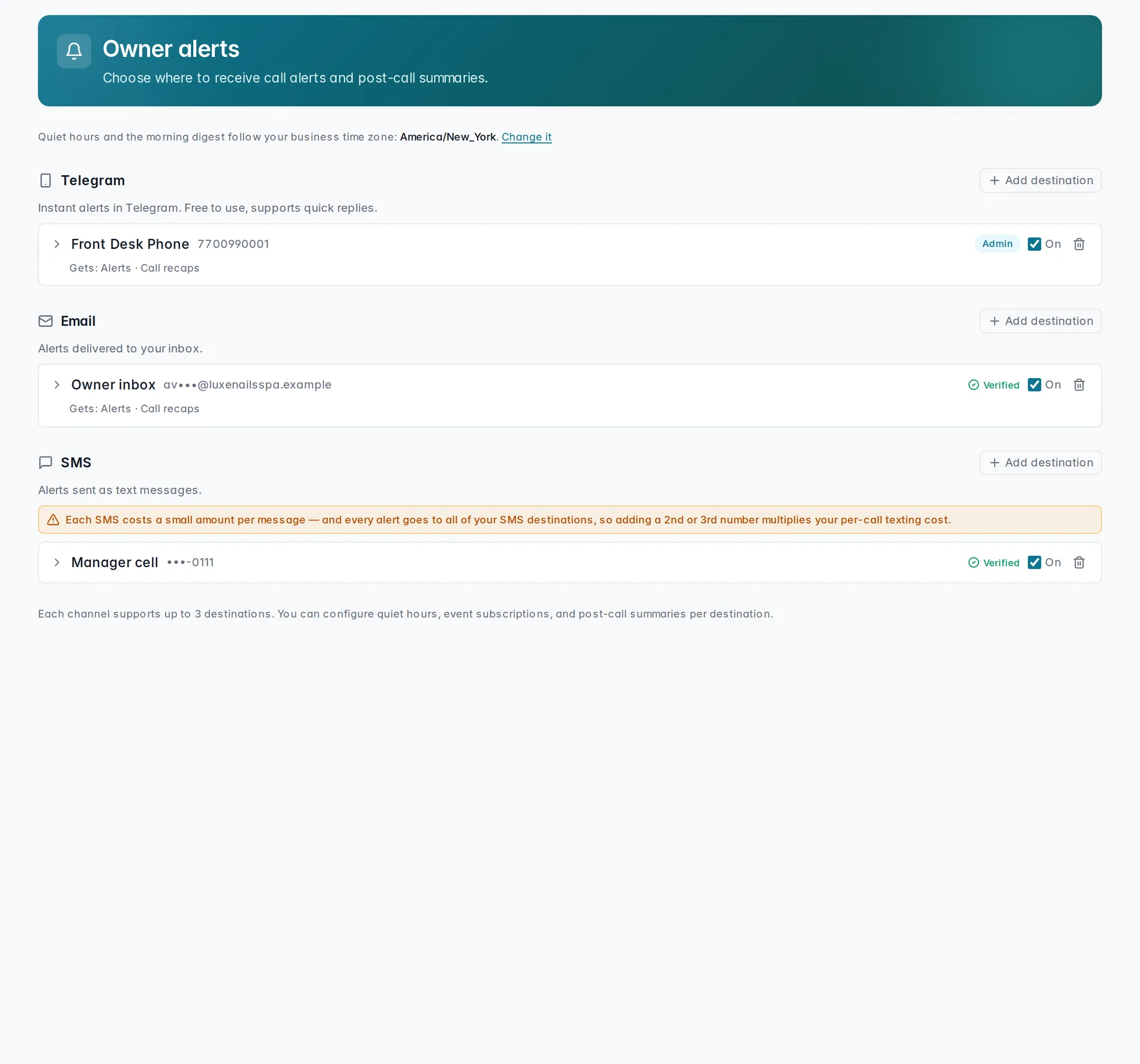 Owner alerts — Telegram, email, and SMS destinations that receive call alerts and post-call summaries.