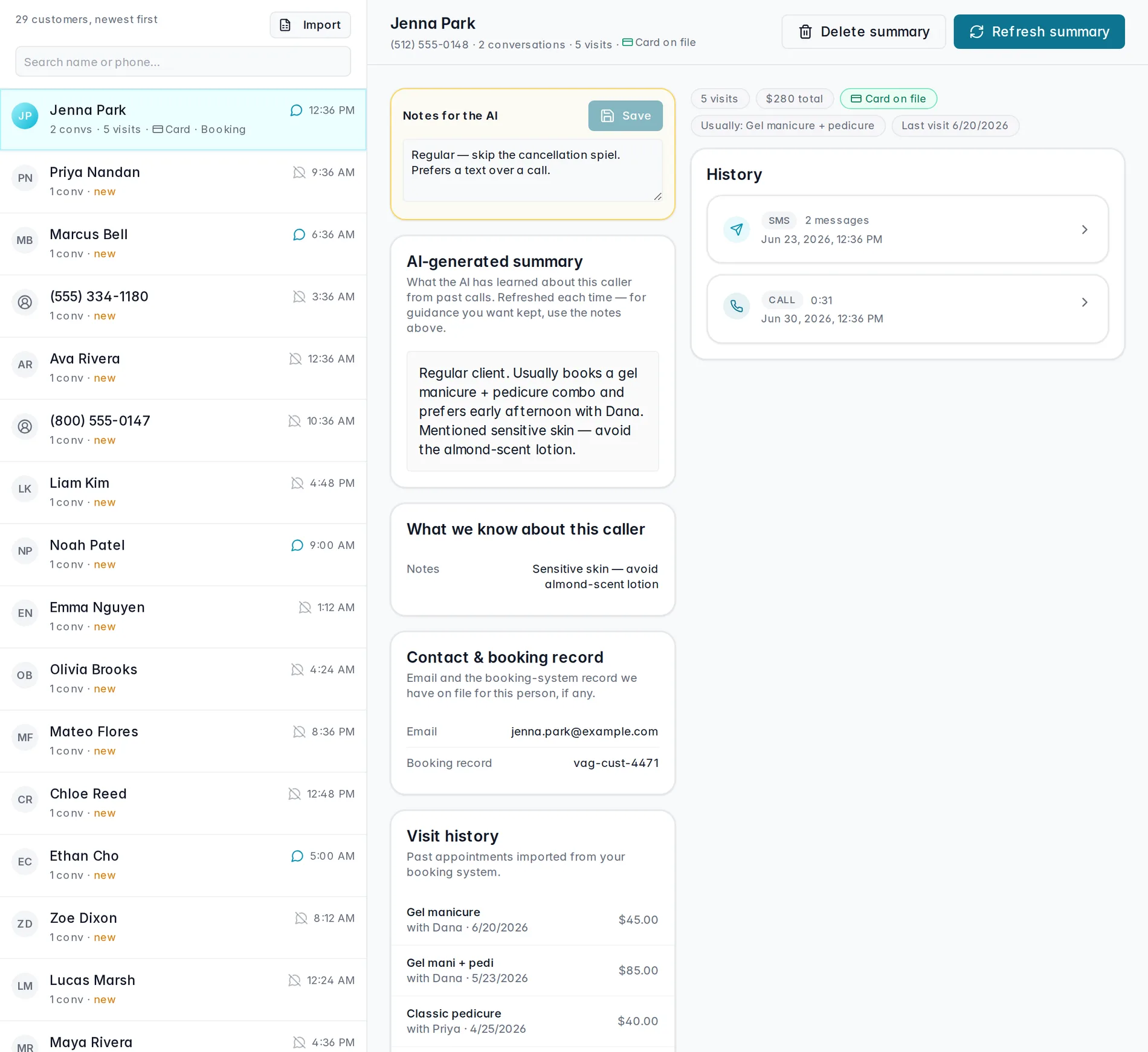 A customer profile — Notes for the AI, the AI-generated summary, what we know, contact & booking record, and visit history.