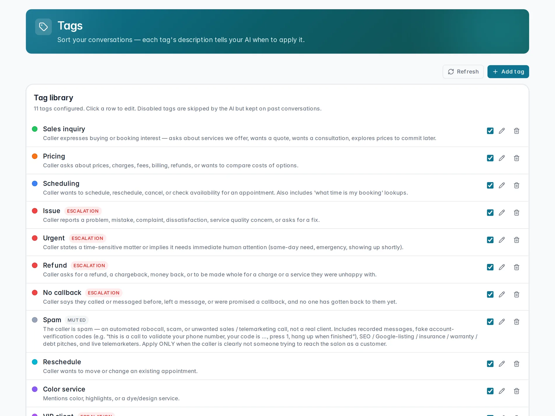 The Tag library — each tag with its color, description, and enabled state.