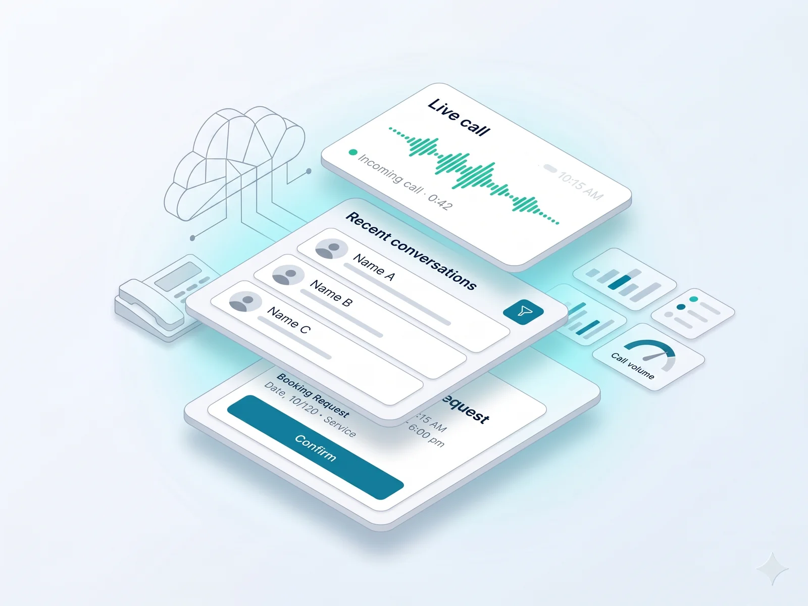 KlevaDesk dashboard with a live call waveform, a list of recent conversations, and a booking-request card with a Confirm button