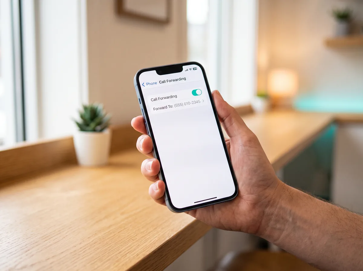 A phone showing the call-forwarding setting switched on, forwarding the business line